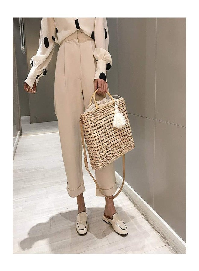 QTKJ Fashion Women Summer Straw Crossbody Bag with Cute Tassels Pendant, Hand-Woven Beach Shoulder Bag with Top Wooden Handle Tote Bag (Khaki) - Image 2