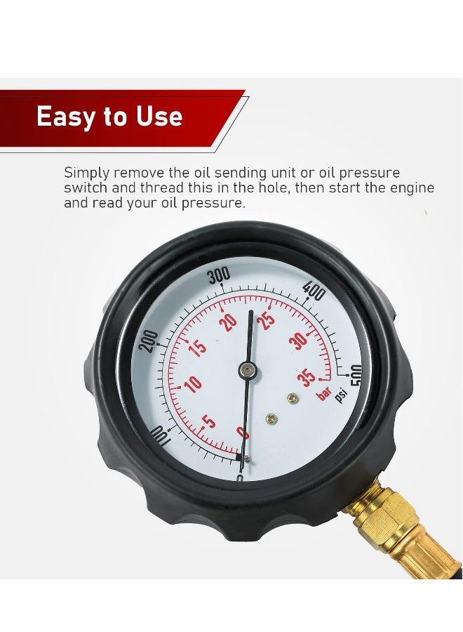 Oil Pressure Tester Kit and Engine Compression Transmission Fluid Diagnostic Tester Tool Kit, Automotive 500 PSI (35 Bar) Gauge with Hose and Adapters - Image 2
