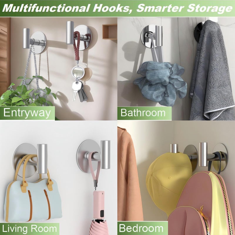 VINHOLD Heavy Duty Self-Adhesive Coat Hooks, Stainless Steel Towel Hooks for Bags, Towels, Robes, Hats, Aprons â€“ No Drill Bathroom, Kitchen, Hotel Wall Hooks (2 Pack, Silver) - Image 3