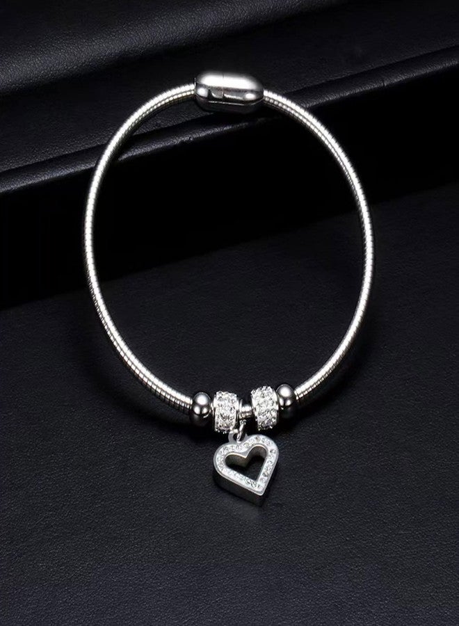 KunBead Silver Heart Charm Birthday Bracelet Stainless Steel Love Bangle Cuff Jewelry Bracelets for Women - Image 4