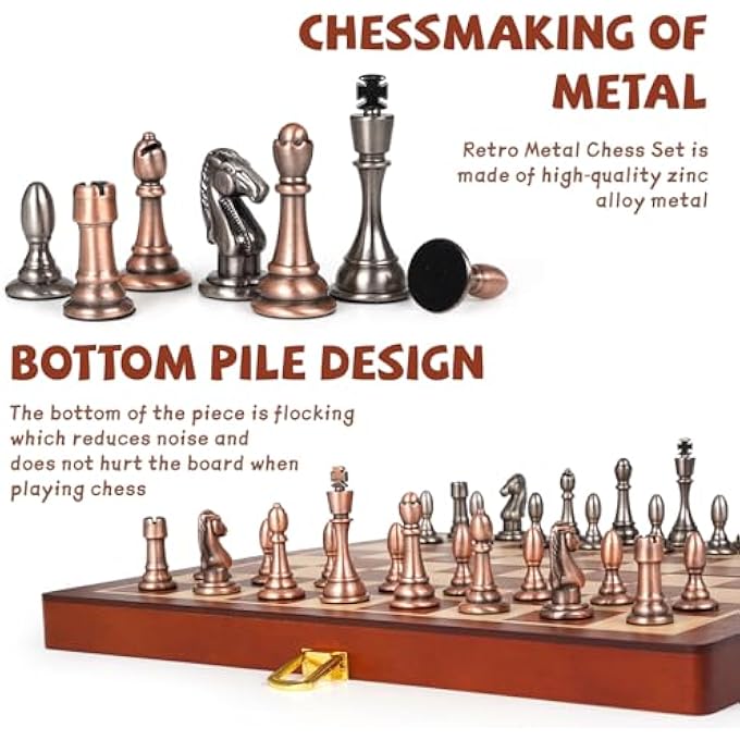 Kvintes 12Inch Metal Chess Set Pieces  Wooden Chess Board Set Folding Travel Chess SetsMetal Bronze  Silver Chessmen Bonus 2 Extra Queens Portable and Durable Classic Chess Game for Kids and Adults - Image 5