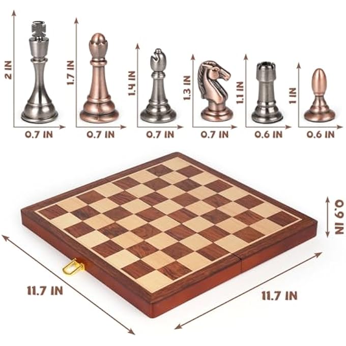 Kvintes 12Inch Metal Chess Set Pieces  Wooden Chess Board Set Folding Travel Chess SetsMetal Bronze  Silver Chessmen Bonus 2 Extra Queens Portable and Durable Classic Chess Game for Kids and Adults - Image 4