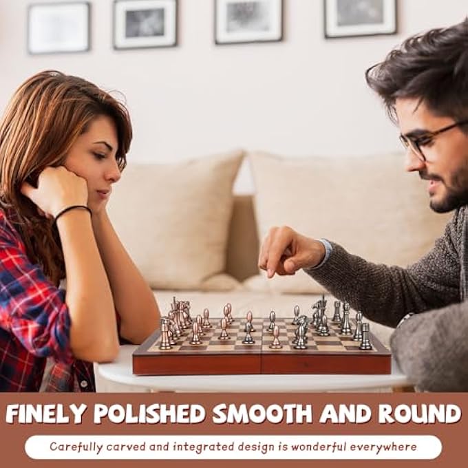 Kvintes 12Inch Metal Chess Set Pieces  Wooden Chess Board Set Folding Travel Chess SetsMetal Bronze  Silver Chessmen Bonus 2 Extra Queens Portable and Durable Classic Chess Game for Kids and Adults - Image 3