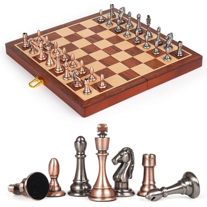 Kvintes 12Inch Metal Chess Set Pieces  Wooden Chess Board Set Folding Travel Chess SetsMetal Bronze  Silver Chessmen Bonus 2 Extra Queens Portable and Durable Classic Chess Game for Kids and Adults - Image 1