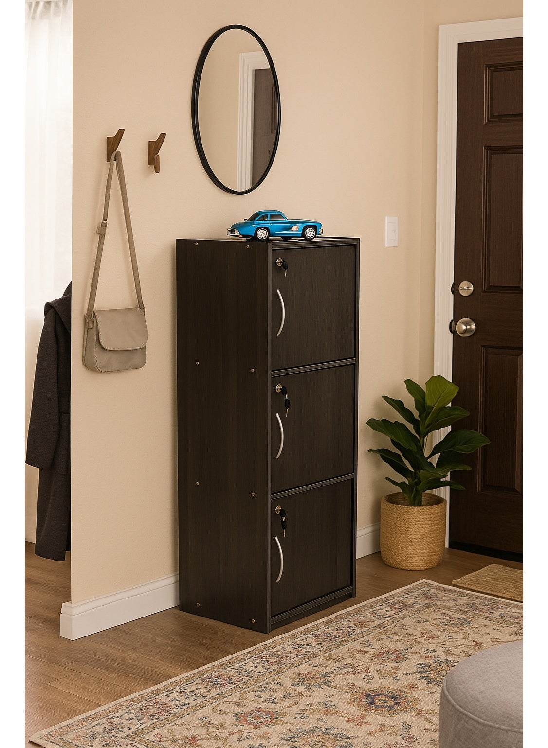 Modern Wooden 3-Tier Storage Cabinet with Lockable Doors – 112 cm Tall Freestanding Organizer with 3 Spacious 35 cm Shelves, 40x40 cm Surface Area, 15 mm Thick Panels – Durable Multipurpose Cupboard for Home, Office, or Bedroom Use – Wenge (Arfan)