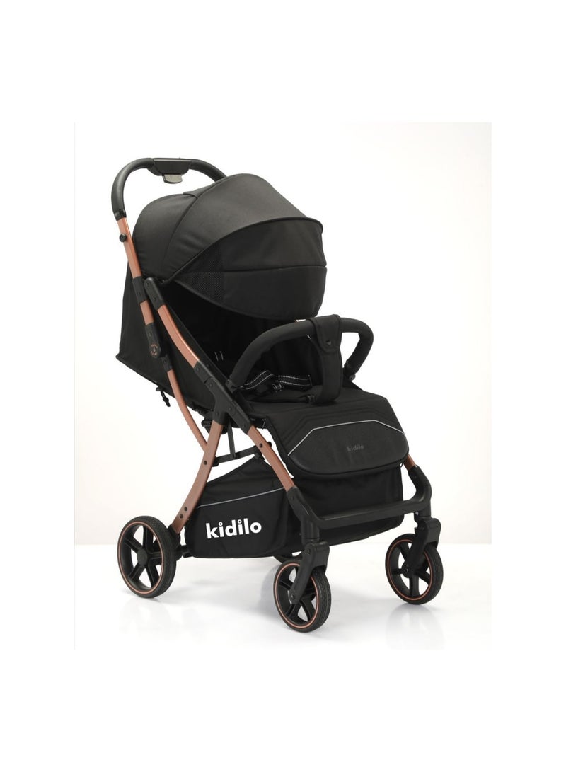 عربة أطفال كيديلو خفيفة الوزن وقابلة للتعديل ومظلة ذات 4 عجلات باللون الأسود - Image 1