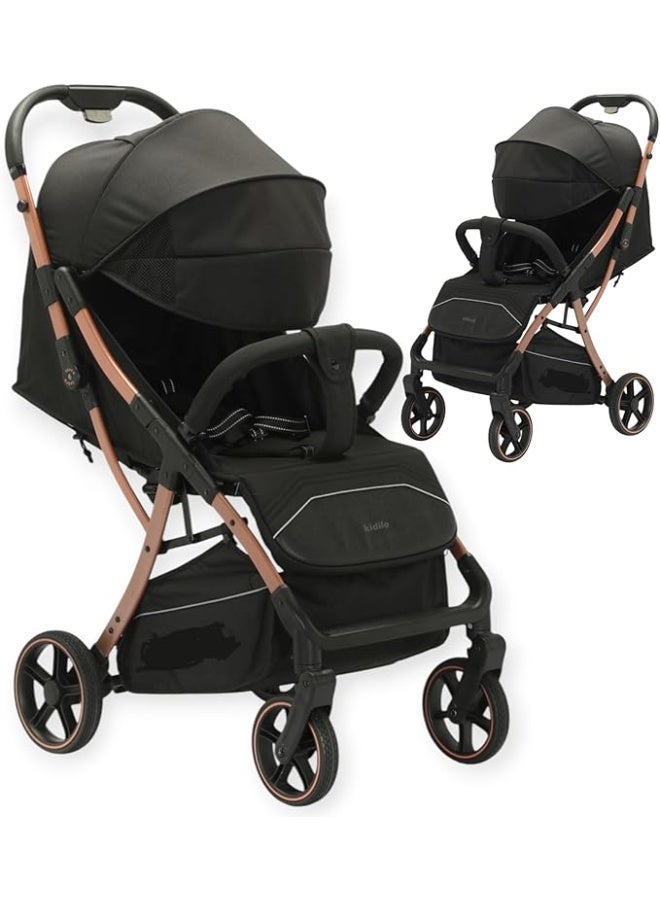 Kidilo Compact Stroller Lightweight Adjustable Canopy 4 Wheels BLACK - Image 2