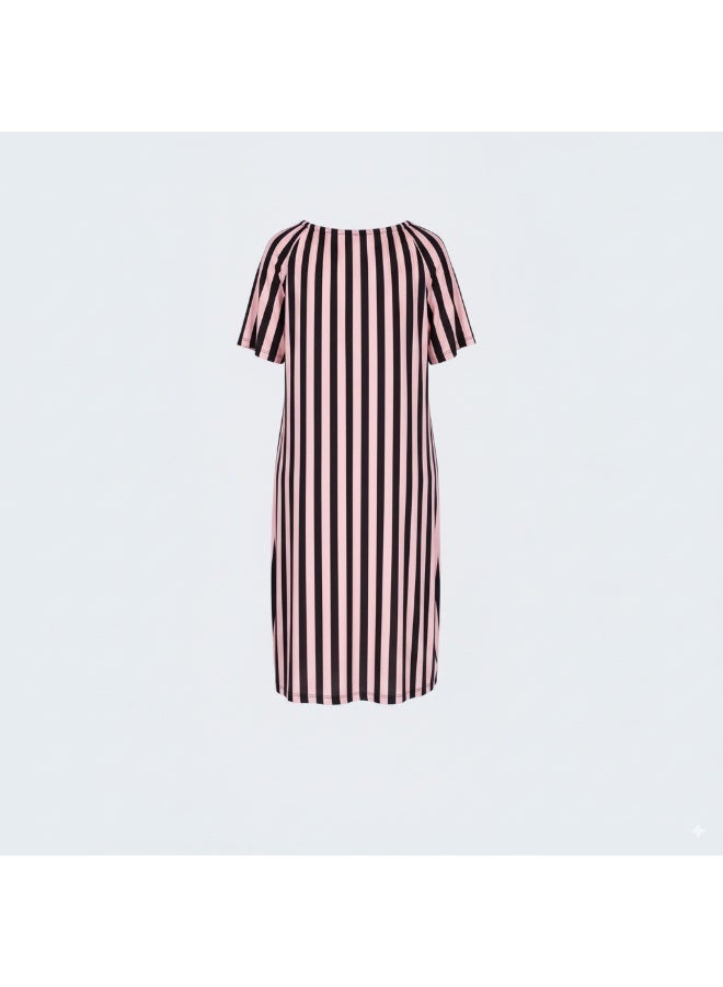 LADY Plus Size Pink & Black Striped Nightdress – Women's Midi Sleepwear & Loungewear - Image 3