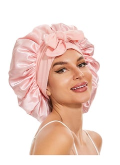 Peachjoy Large Silk Bonnet for Sleeping, Satin Hair Bonnet for Sleeping with Tie Band, Double Layer Satin Bonnets for Women Natural Curly Hair (Pink)  - Image 1