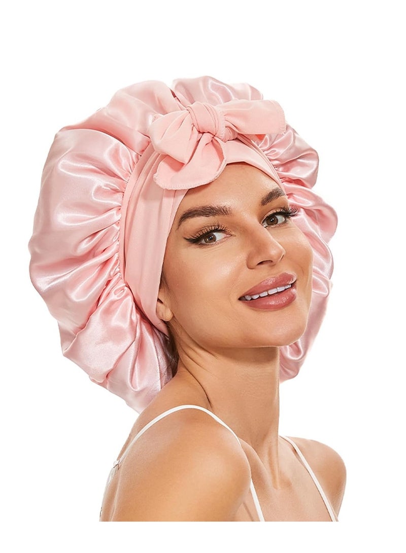 Peachjoy بونيت حرير كبير للنوم، بونيت شعر ساتان للنوم مع شريط ربط، بونيت ساتان مزدوج الطبقات للنساء ذوات الشعر المجعد الطبيعي (وردي) - Image 1