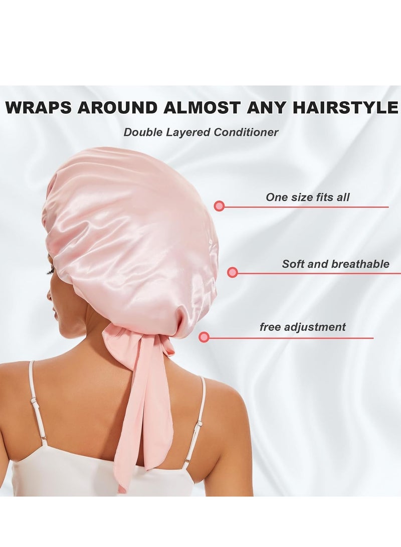 Peachjoy بونيت حرير كبير للنوم، بونيت شعر ساتان للنوم مع شريط ربط، بونيت ساتان مزدوج الطبقات للنساء ذوات الشعر المجعد الطبيعي (وردي) - Image 5