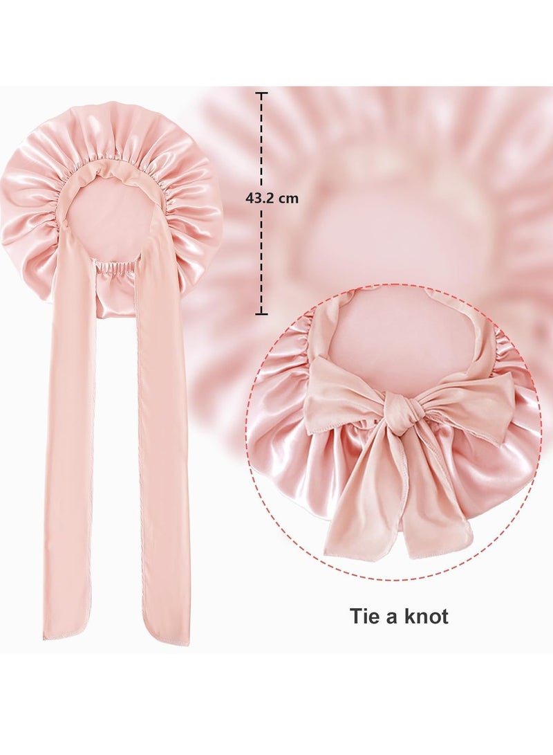 Peachjoy بونيت حرير كبير للنوم، بونيت شعر ساتان للنوم مع شريط ربط، بونيت ساتان مزدوج الطبقات للنساء ذوات الشعر المجعد الطبيعي (وردي) - Image 4