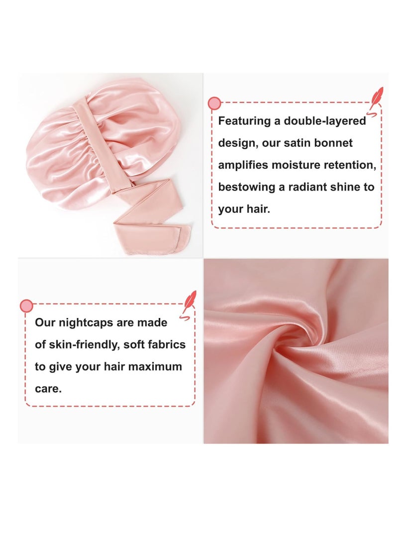 Peachjoy بونيت حرير كبير للنوم، بونيت شعر ساتان للنوم مع شريط ربط، بونيت ساتان مزدوج الطبقات للنساء ذوات الشعر المجعد الطبيعي (وردي) - Image 3