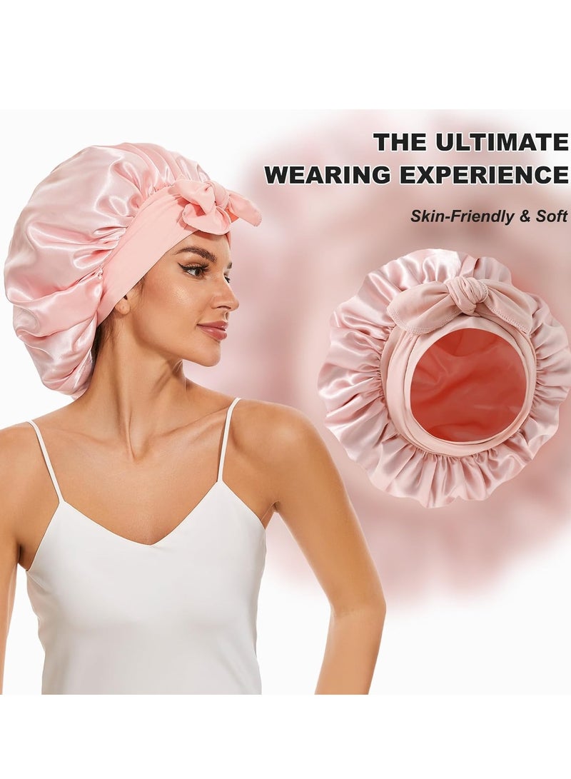 Peachjoy بونيت حرير كبير للنوم، بونيت شعر ساتان للنوم مع شريط ربط، بونيت ساتان مزدوج الطبقات للنساء ذوات الشعر المجعد الطبيعي (وردي) - Image 2