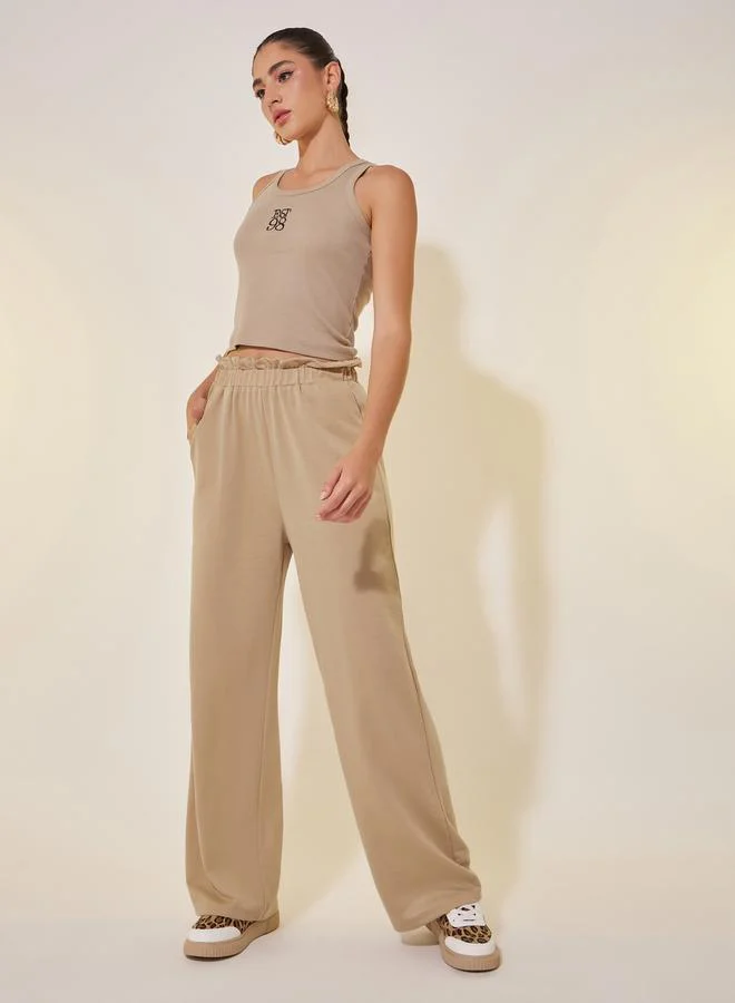 Take Two Solid Elasticated Waistband Ruffled Trim Pants