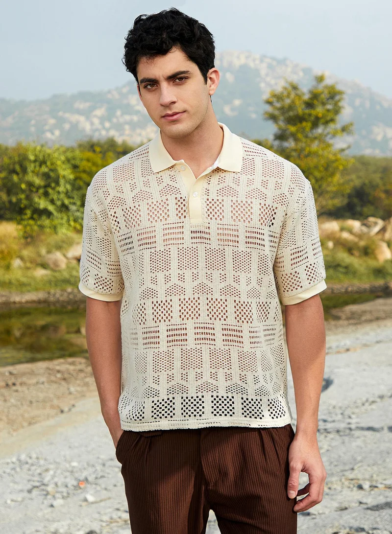 Campus Sutra Campus Sutra Men's Buff Beige Geo-Boho Oversized Polo T-Shirt For Casual Wear | Polo Neck | Short Cuffed Sleeves | Half-Button Closure | T-Shirt Crafted With Comfort Fit For Everyday Wear
