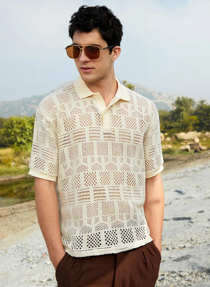 Campus Sutra Campus Sutra Men's Buff Beige Geo-Boho Oversized Polo T-Shirt For Casual Wear | Polo Neck | Short Cuffed Sleeves | Half-Button Closure | T-Shirt Crafted With Comfort Fit For Everyday Wear