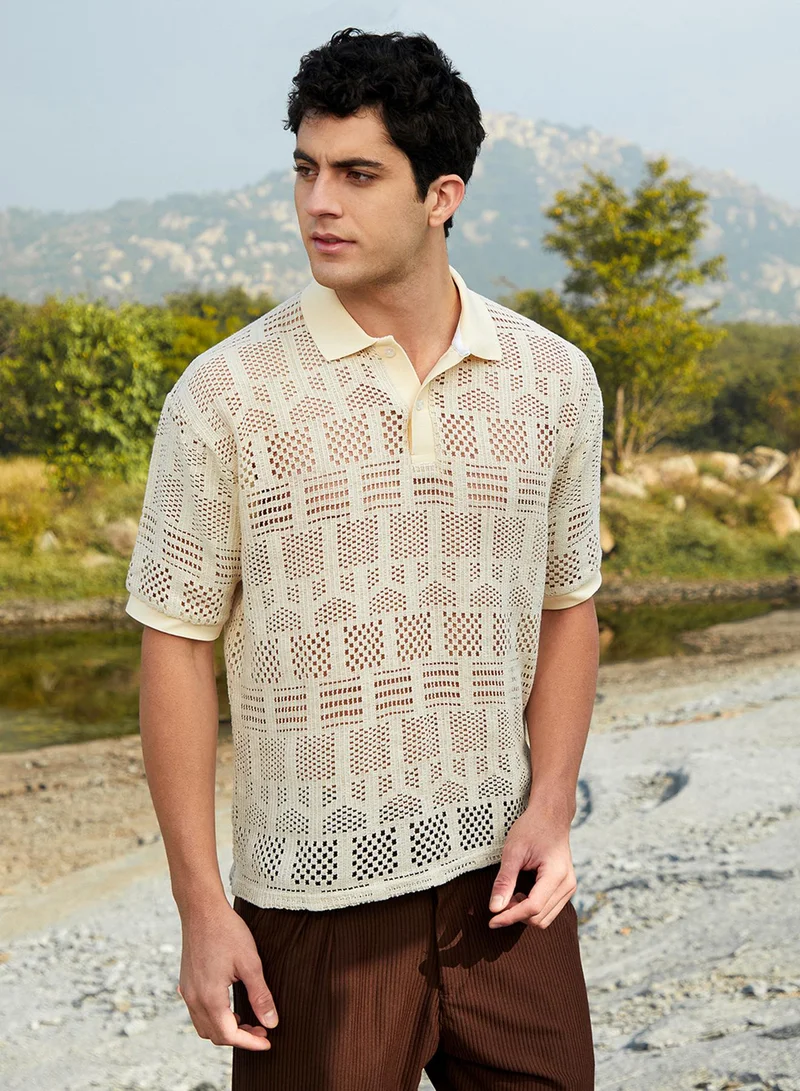 Campus Sutra Campus Sutra Men's Buff Beige Geo-Boho Oversized Polo T-Shirt For Casual Wear | Polo Neck | Short Cuffed Sleeves | Half-Button Closure | T-Shirt Crafted With Comfort Fit For Everyday Wear