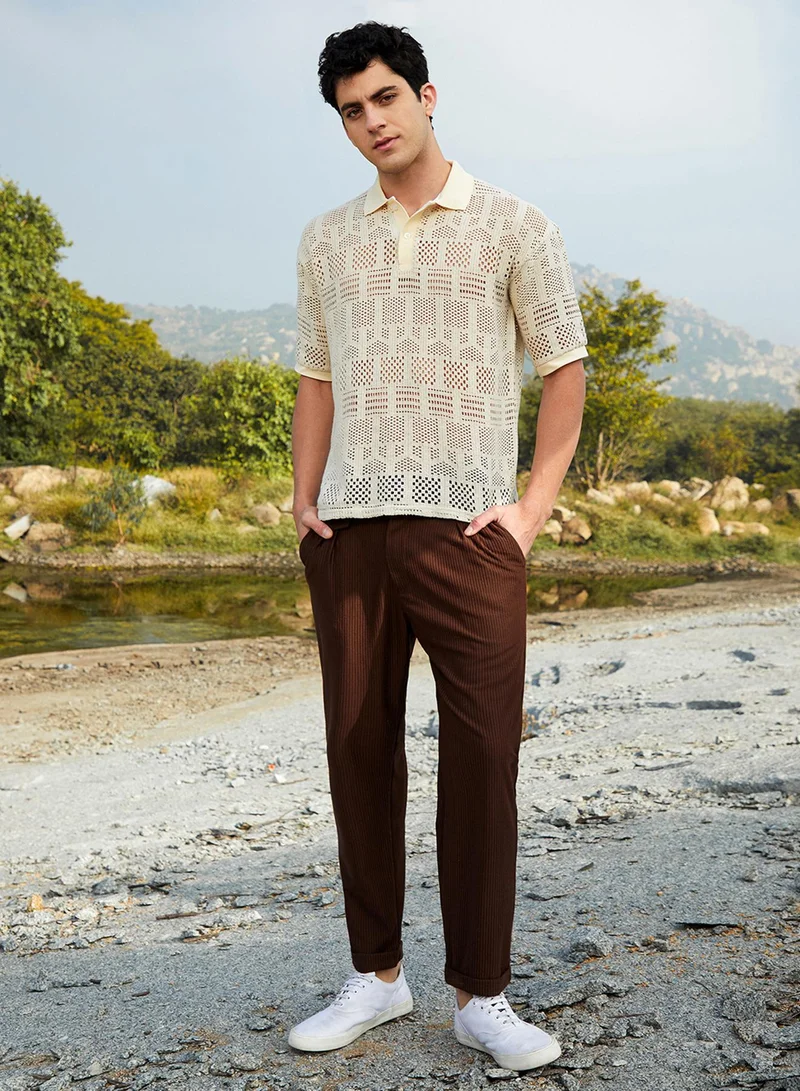 Campus Sutra Campus Sutra Men's Buff Beige Geo-Boho Oversized Polo T-Shirt For Casual Wear | Polo Neck | Short Cuffed Sleeves | Half-Button Closure | T-Shirt Crafted With Comfort Fit For Everyday Wear