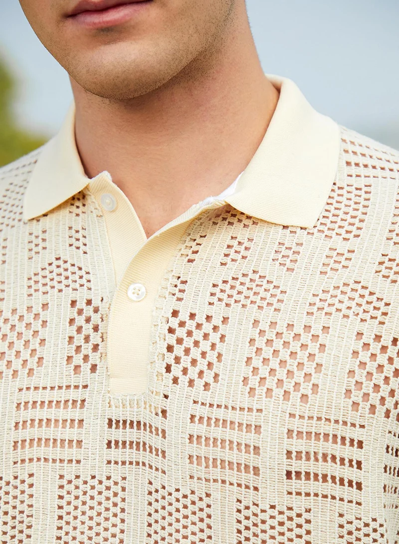 Campus Sutra Campus Sutra Men's Buff Beige Geo-Boho Oversized Polo T-Shirt For Casual Wear | Polo Neck | Short Cuffed Sleeves | Half-Button Closure | T-Shirt Crafted With Comfort Fit For Everyday Wear