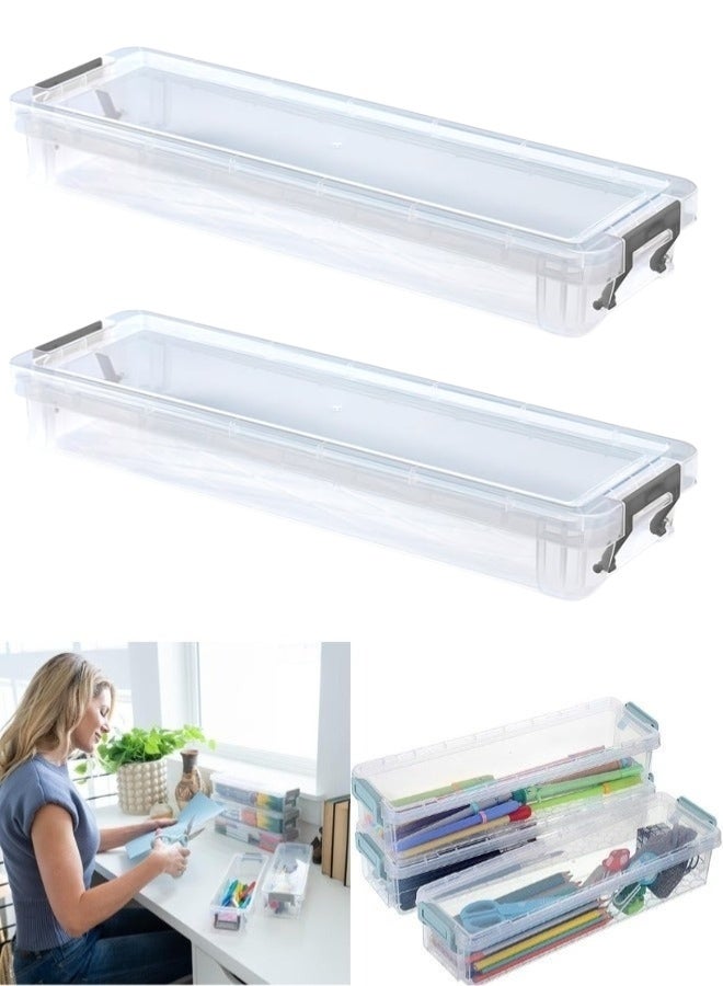 عبوة من 2 قطعه صندوق بلاستيكي طويل قابل للتكديس للمنزل، منظم تخزين لوازم المكتب، صندوق منظم بلاستيكي لأقلام الجل والممحاة والأقلام وأقلام الرصاص والمزيد (سعة 2.3 لتر) - Image 1