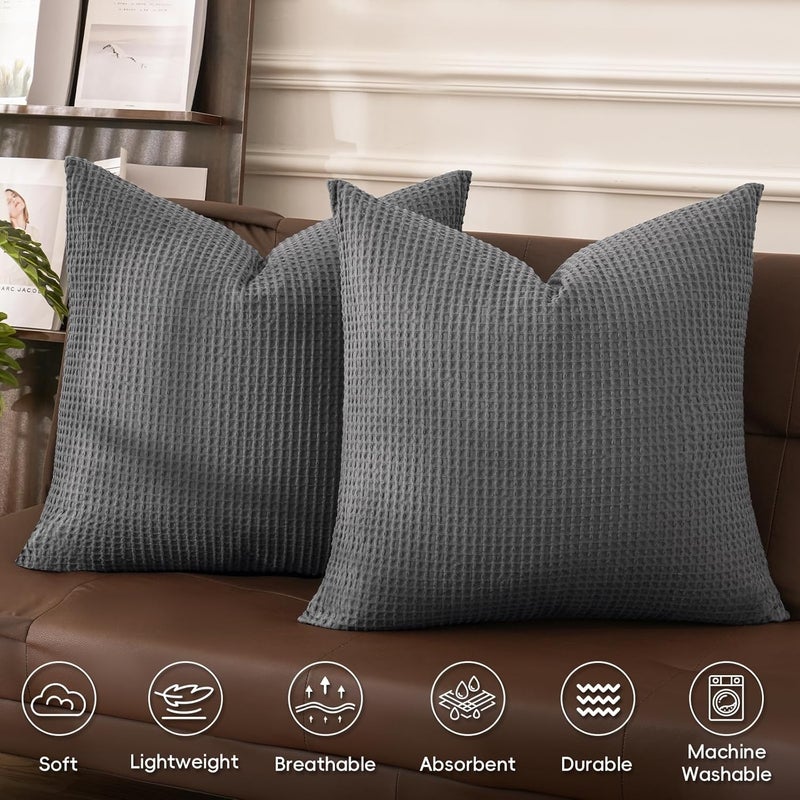 PHF غطاء وسادة من القطن بتصميم الوافل 45 سم × 45 سم، غطاء مربع أنيق، بدون حشوة، رمادي فحمي - Image 3