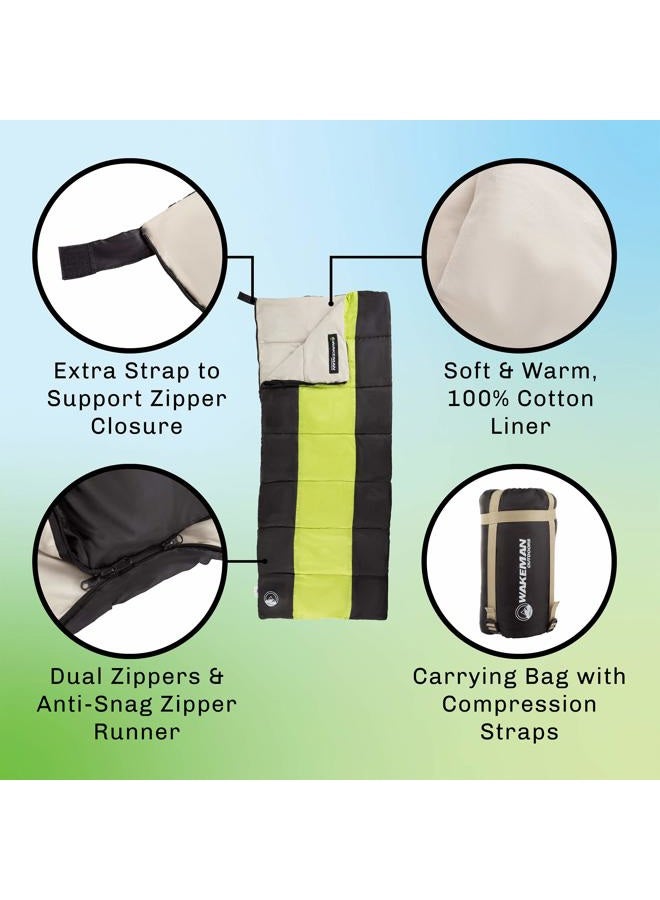 Wakeman Kids Sleeping Bag - Lightweight, Carrying Bag with Compression Straps for Camping, Backpacking, and Sleepovers Outdoors (Neon Green/Black) - Image 3