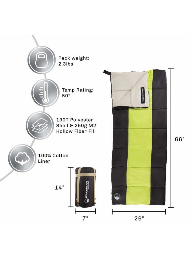 Wakeman Kids Sleeping Bag - Lightweight, Carrying Bag with Compression Straps for Camping, Backpacking, and Sleepovers Outdoors (Neon Green/Black) - Image 2