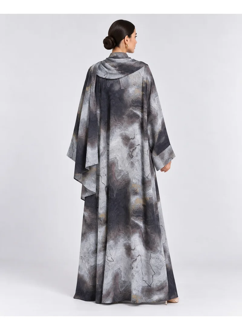 Neuness Women's 3-Piece Grey Marble Print Abaya Set with Open-Front Abaya, Scarf & White Inner Dress