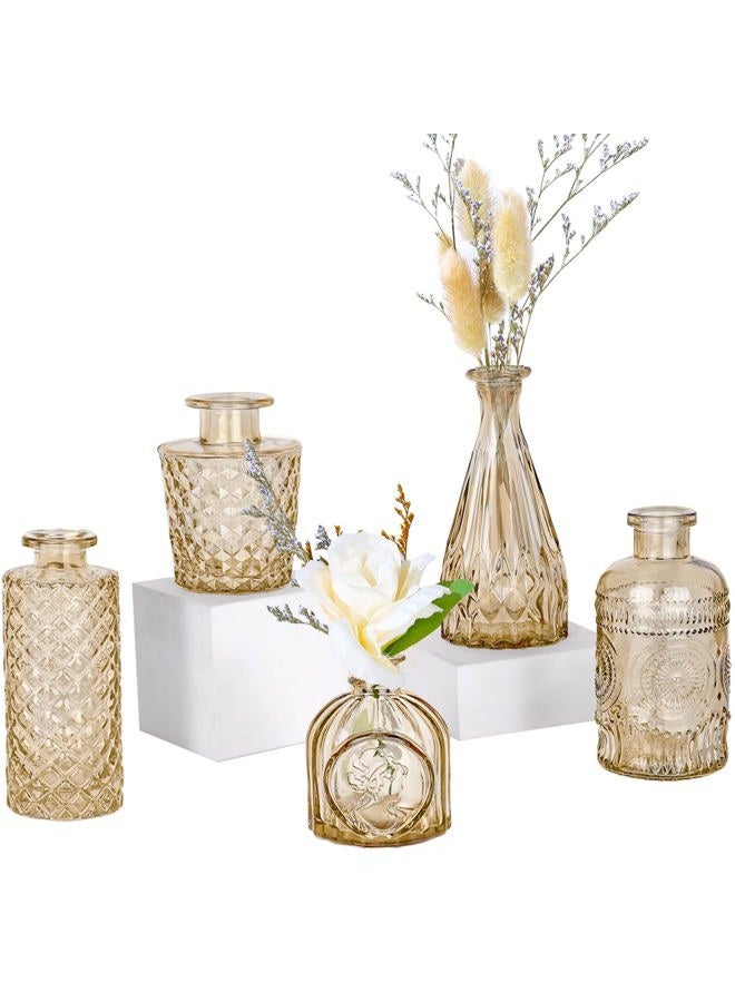 TBWIND Glass Bud Vase Set of 5, Small Amber Flower Vases for Centerpieces in Bulk, Mini Vintage Vase for Wedding Decor, Single Flowers, and Home Table Décor - Image 1