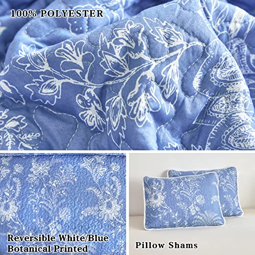 Flysheep Reversible Quilt Set Full Queen Size, 3 Pieces White Blue Botanical Floral Printed Summer Bedding Set, Soft Microfiber Lightweight Bedspread/Coverlet for All Season - 92"x90" - Image 4