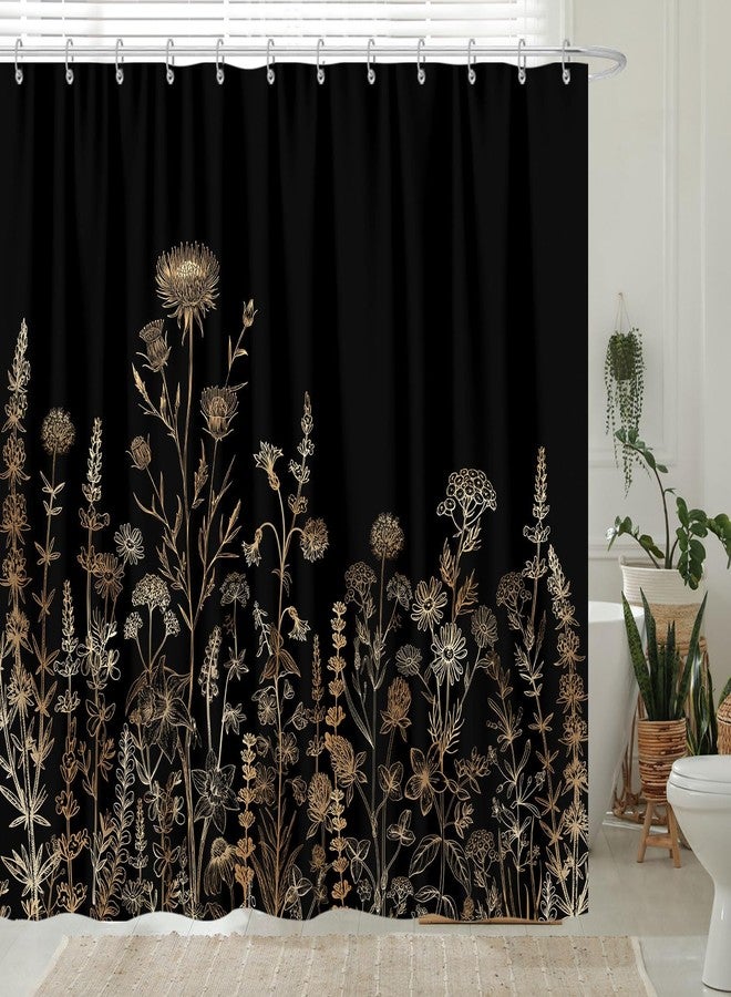 GOAOK Vintage Black and Gold Boho Shower Curtain, Black and Tan Cream Floral Aesthetic Dark Wildflower Botanical Flowers Shower Curtain for Bathroom with Hook,Farmhouse Plant Art Chic Shower Curtain 72X72 - Image 2