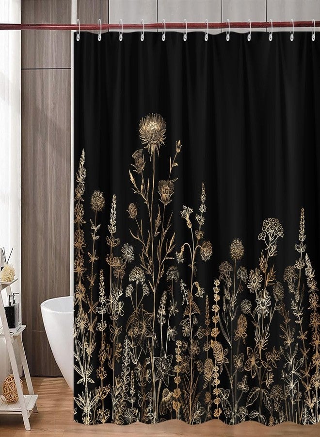 GOAOK Vintage Black and Gold Boho Shower Curtain, Black and Tan Cream Floral Aesthetic Dark Wildflower Botanical Flowers Shower Curtain for Bathroom with Hook,Farmhouse Plant Art Chic Shower Curtain 72X72 - Image 5