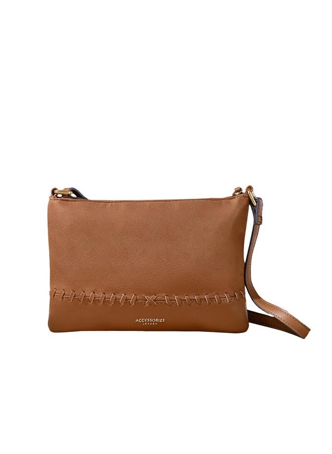 Accessorize London Women's Brown Stitch Detail Sling Bag with Adjustable Strap| crossbody sling bag for women stylish|Ladies everyday use sling bag|Shoulder bag for woman - Image 1