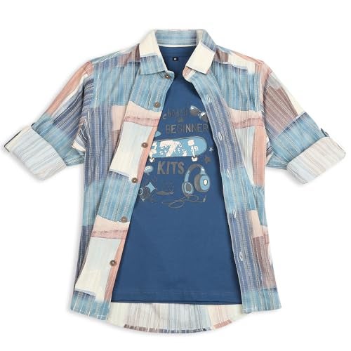CAVIO Boys Cotton Lycra Printed Full Sleeves Shirt with Regular Fit T-Shirt Blue - Image 1