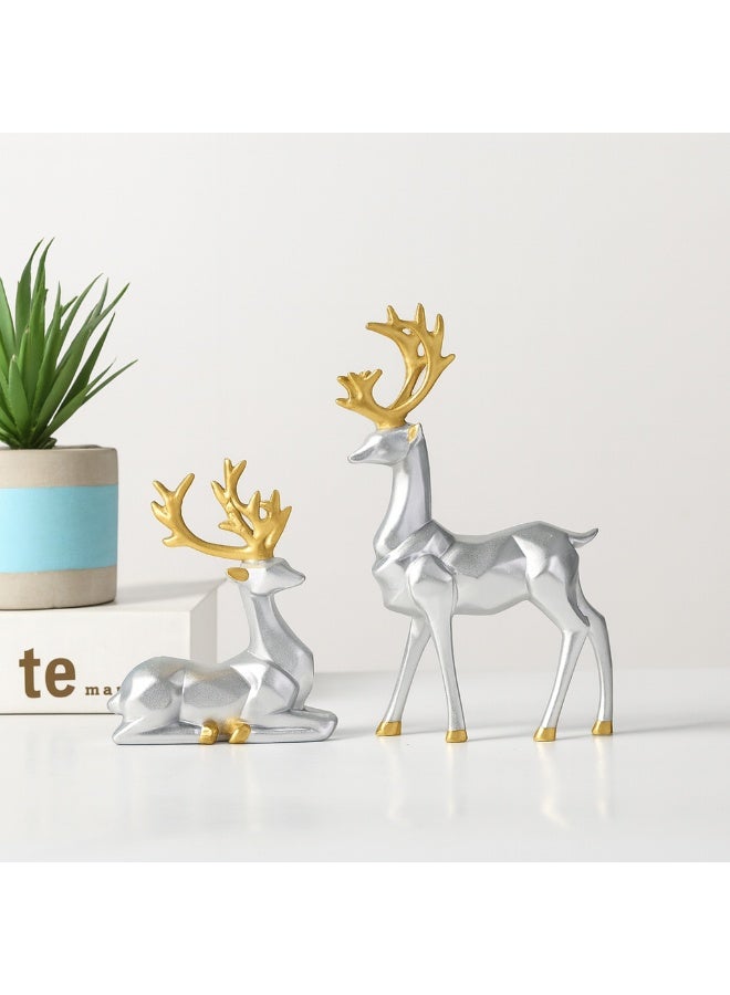 بيرام مجموعة تماثيل الرنة الفضية والذهبية بالتاج حجم كبير وصغير تماثيل غزال هندسية عصرية من الريزين ديكور رنة فضية أنيق بقرون ذهبية زينة فاخرة لعيد الميلاد وديكور المنزل الاحتفالي