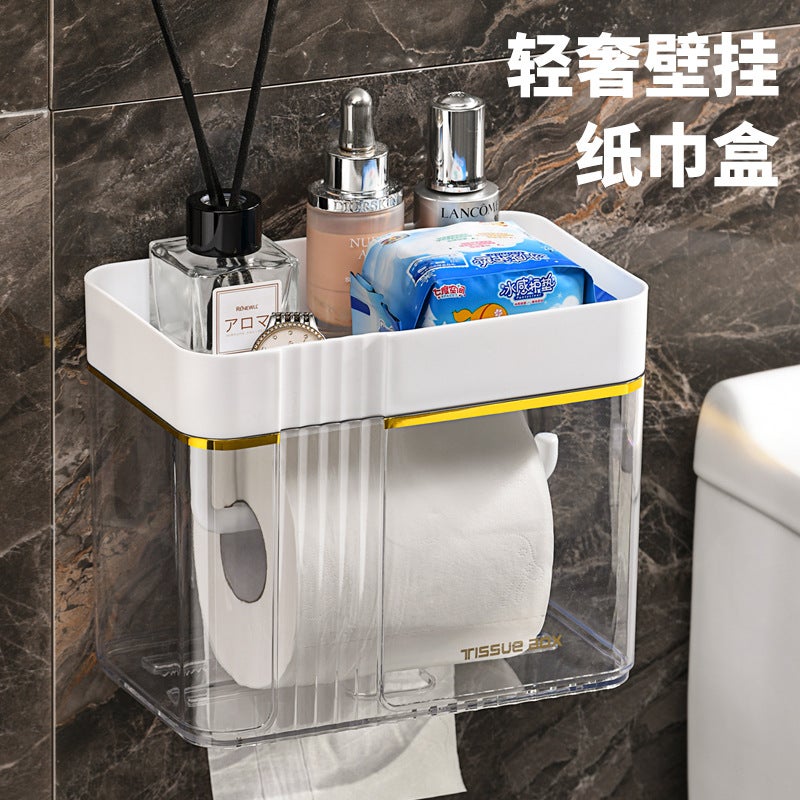 صندوق مناديل حمام مثبت على الحائط حامل ورق تواليت بدون ثقب صندوق ورق تواليت حامل تخزين ورق الحمام - Image 2