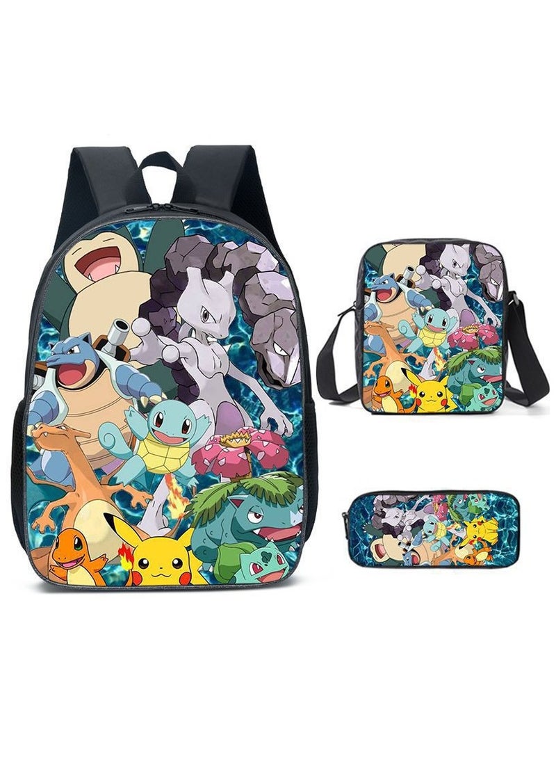 حقيبة ظهر بيكاتشو للطلاب قابلة للتنفس، مجموعة من ثلاث قطع 29*16*42 سم