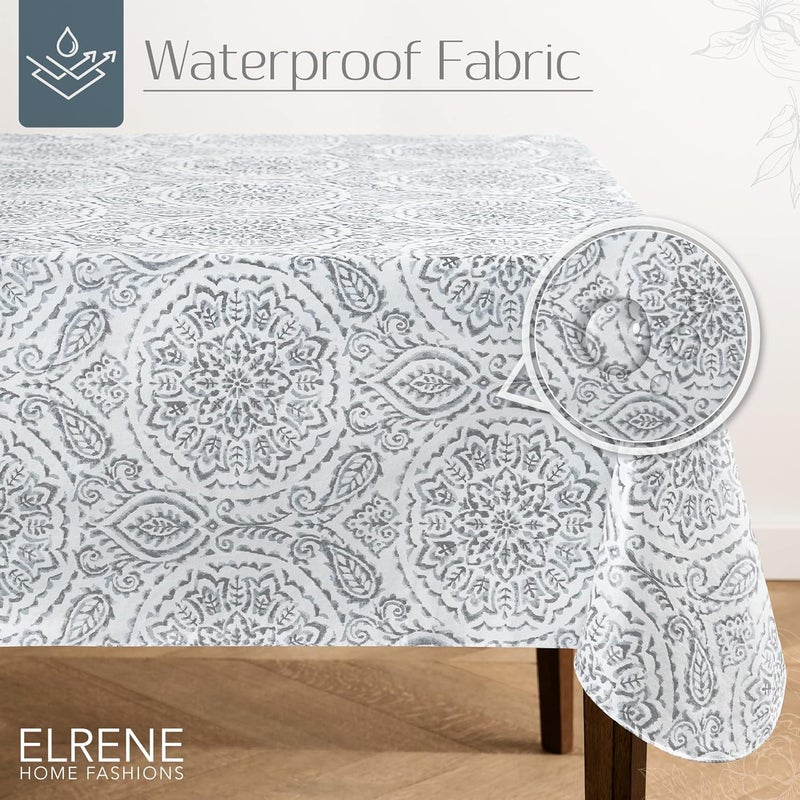 إلرين مناديل المائدة البلاستيكية المقاومة للماء والبقع من ماركة Home Fashions، نمط Savannah Boho Paisley، مصممة للاستخدام داخليًا وخارجيًا، بطبقة خلفية من القطن، مقاس 60×120 بوصة، بلون رمادي. - Image 2