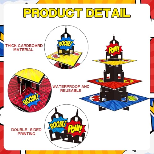 KALEFO Superhero Party Supplies Cake Stand 3 Tier Cupcake Stand Super Hero Parties Favors Mini Cup Cake Holder for Birthday Decorations (Superhero) - Image 3