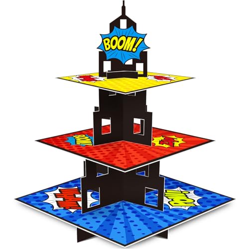 KALEFO Superhero Party Supplies Cake Stand 3 Tier Cupcake Stand Super Hero Parties Favors Mini Cup Cake Holder for Birthday Decorations (Superhero) - Image 1