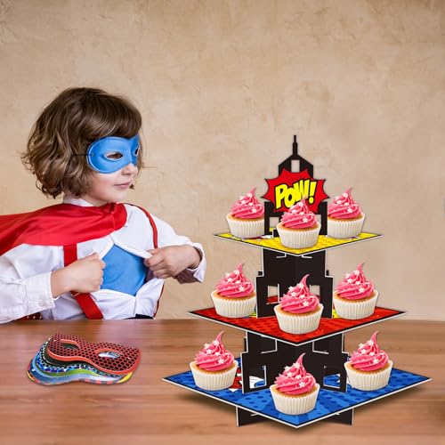 KALEFO Superhero Party Supplies Cake Stand 3 Tier Cupcake Stand Super Hero Parties Favors Mini Cup Cake Holder for Birthday Decorations (Superhero) - Image 5