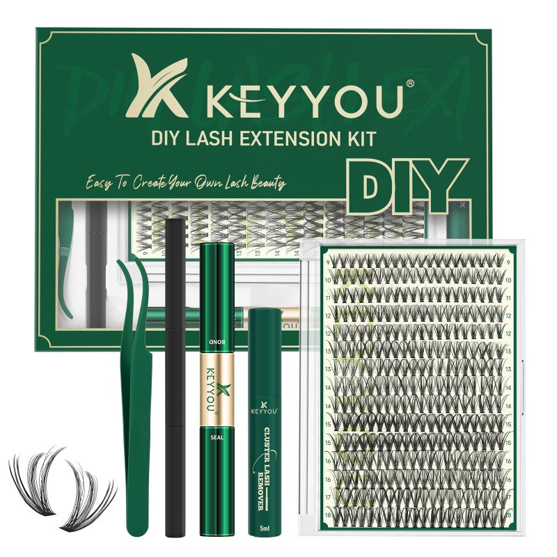 KEYYOU Lash Extension Kit DIY 300Pcs Lash Clusters Eyelash Extension Kit 30D C Curl 9-18MIX Lash Clusters Kit with Lash Glue Remover Applicator Easy to Use for Beginners(Kit,30D-C,9-18MIX) - Image 1