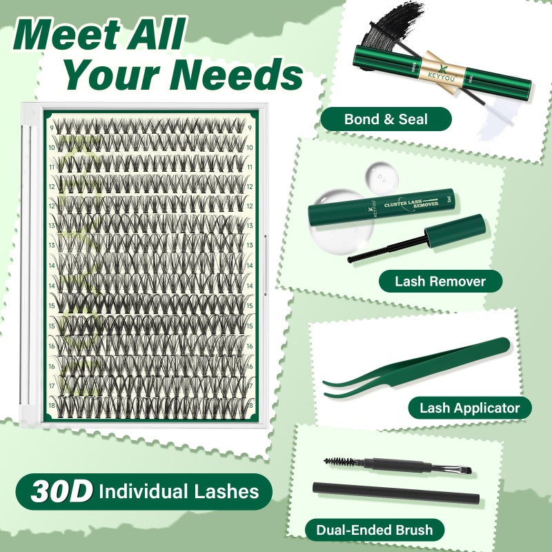 KEYYOU Lash Extension Kit DIY 300Pcs Lash Clusters Eyelash Extension Kit 30D C Curl 9-18MIX Lash Clusters Kit with Lash Glue Remover Applicator Easy to Use for Beginners(Kit,30D-C,9-18MIX) - Image 2