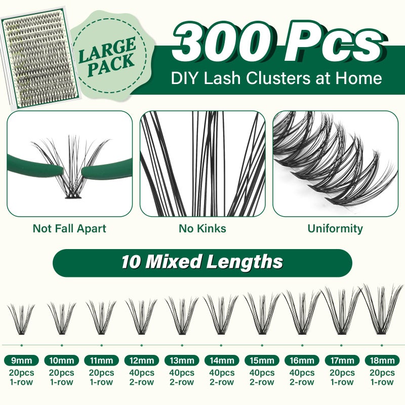 KEYYOU Lash Extension Kit DIY 300Pcs Lash Clusters Eyelash Extension Kit 30D C Curl 9-18MIX Lash Clusters Kit with Lash Glue Remover Applicator Easy to Use for Beginners(Kit,30D-C,9-18MIX) - Image 4