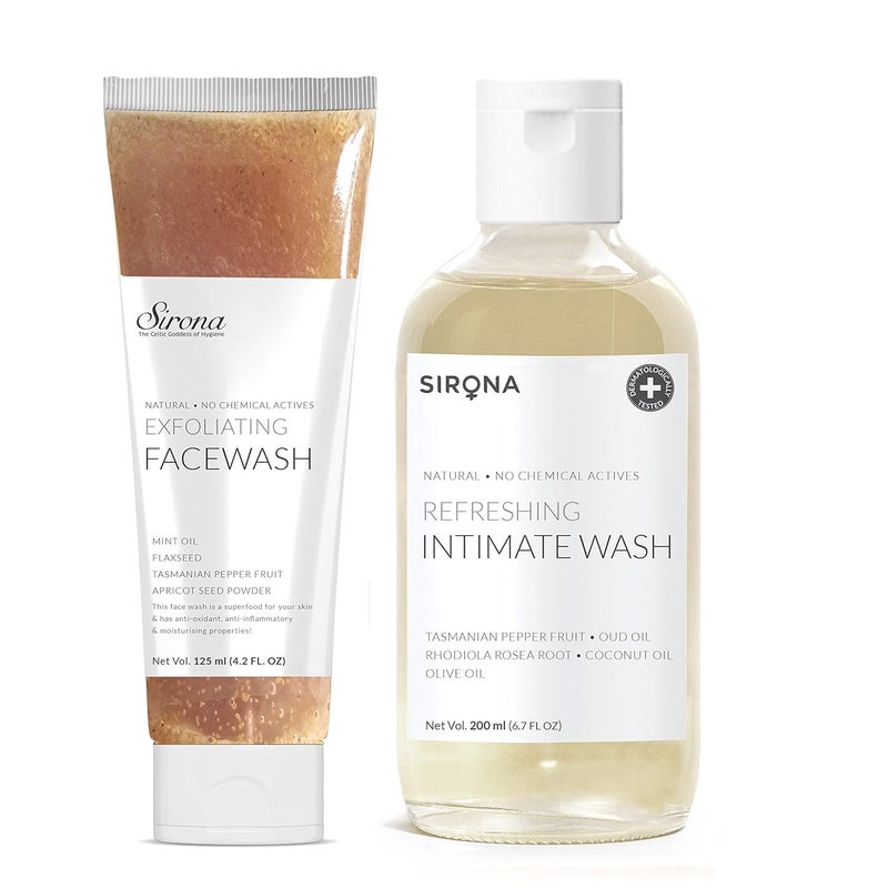 Sirona Natural Exfoliating Face Wash For Women And Men 125 Ml Facial Cleanser With Apricot Flax Sirona Intimate Wash for Men and Women 200 ml with 5 Magical Herbs Olive Oil Tea Tree Oil Jajo - Image 1