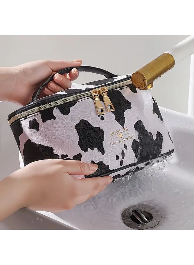 Large Capacity Black and White Cow Print Pencil Case Makeup Travel Organizer Pouch - Image 3