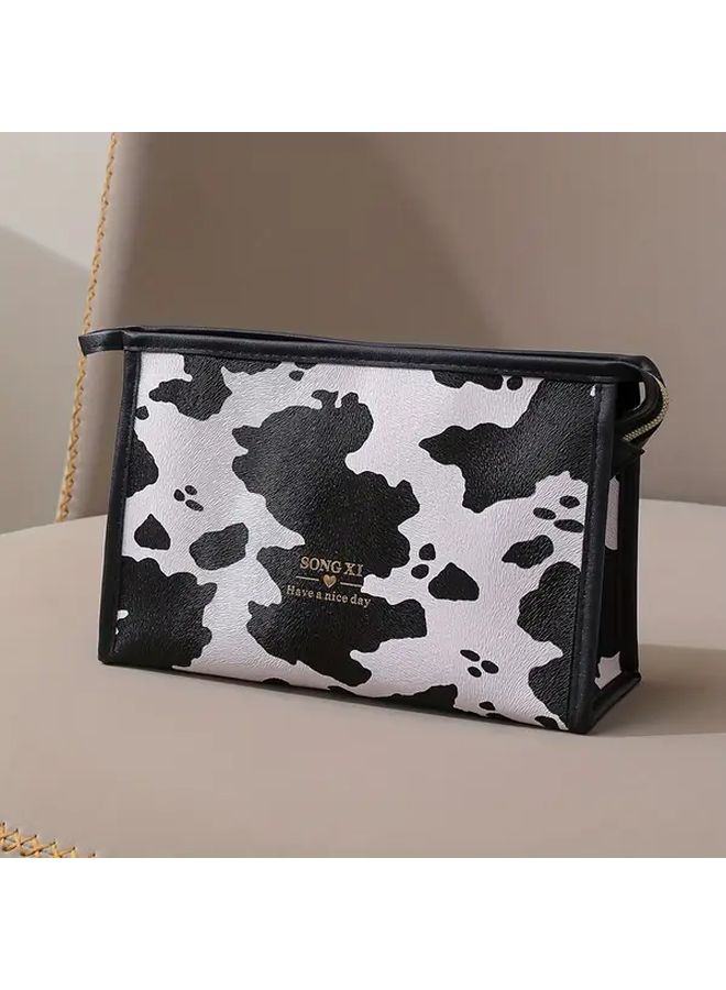 Large Capacity Black and White Cow Print Pencil Case Makeup Travel Organizer Pouch - Image 1