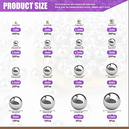 Swpeet 330Pcs 16 Size 1mm 2mm 2.5mm 3mm 3.5mm 4mm 4.5mm 5mm 5.5mm 6mm 7mm 8mm 9mm 10mm 11mm 12mm Metric Steel Loose Bicycle Bearing Steel Ball Precision Balls Assortment Kit for Bicycles Casters - Image 2
