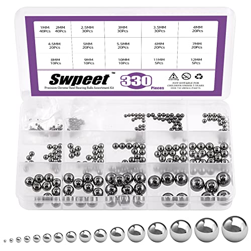 Swpeet 330Pcs 16 Size 1mm 2mm 2.5mm 3mm 3.5mm 4mm 4.5mm 5mm 5.5mm 6mm 7mm 8mm 9mm 10mm 11mm 12mm Metric Steel Loose Bicycle Bearing Steel Ball Precision Balls Assortment Kit for Bicycles Casters - Image 1